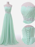 A-Linie, elegante, ärmellose, bodenlange Chiffon-Brautjungfernkleider mit Perlenstickerei