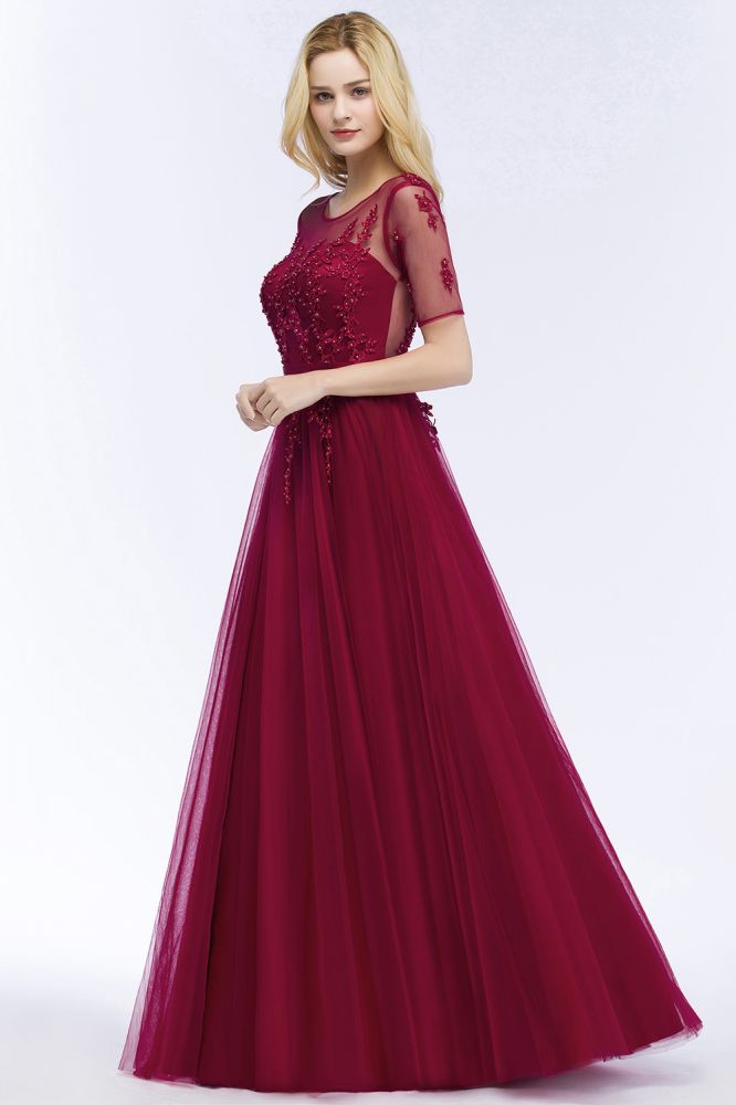 A-line Floor Length Appliques Tulle Bridesmaid Dress Half Sleeve Evening Dress | MISSHOW misshow.com A-line Floor Length Appliques Tulle Bridesmaid Dress Half Sleeve Evening Dress | MISSHOW misshow.com