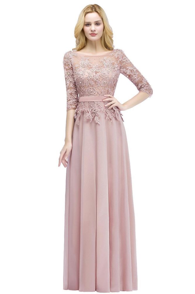 Looking for Bridesmaid Dresses in 30D Chiffon, A-line style, and Gorgeous Appliques,Ribbons,Pearls work  MISSHOW has all covered on this elegant A-line Floor Length Half Sleeves Appliques Bridesmaid Dresses with Sash.
