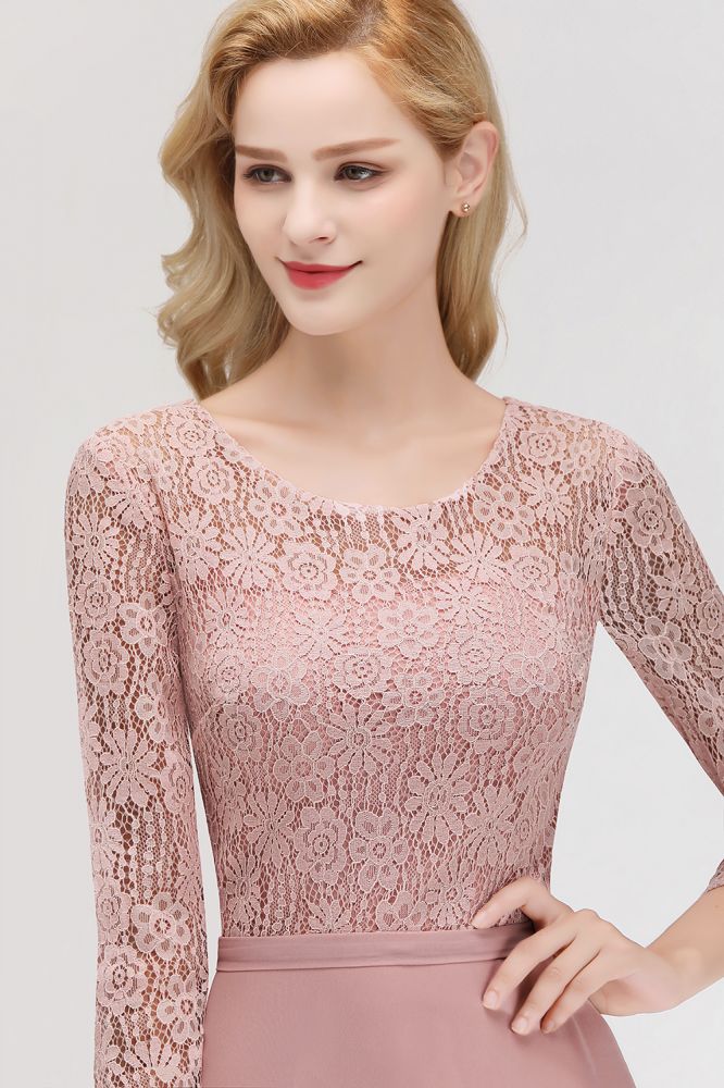 Looking for Bridesmaid Dresses in 100D Chiffon, A-line style, and Gorgeous Lace work  MISSHOW has all covered on this elegant A-line Floor Length Lace Chiffon Bridesmaid Dresses with Sleeves