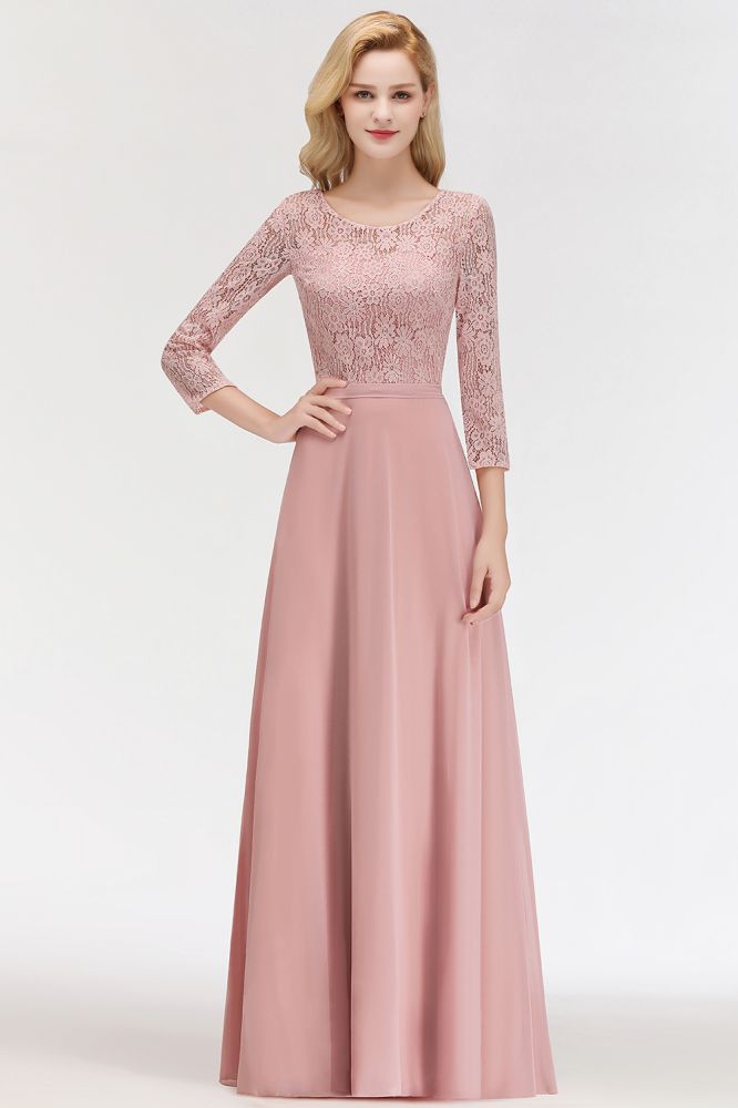 Looking for Bridesmaid Dresses in 100D Chiffon, A-line style, and Gorgeous Lace work  MISSHOW has all covered on this elegant A-line Floor Length Lace Chiffon Bridesmaid Dresses with Sleeves