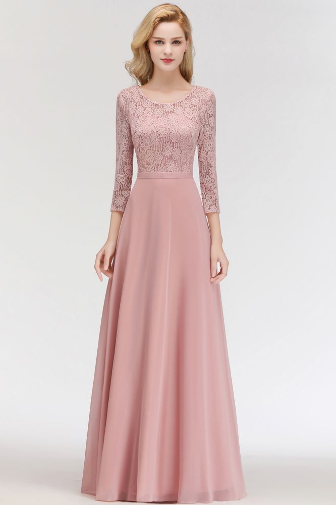 Looking for Bridesmaid Dresses in 100D Chiffon, A-line style, and Gorgeous Lace work  MISSHOW has all covered on this elegant A-line Floor Length Lace Chiffon Bridesmaid Dresses with Sleeves