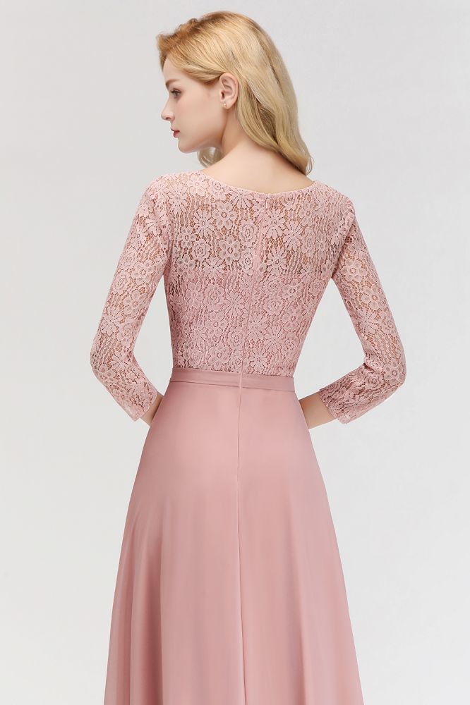 Looking for Bridesmaid Dresses in 100D Chiffon, A-line style, and Gorgeous Lace work  MISSHOW has all covered on this elegant A-line Floor Length Lace Chiffon Bridesmaid Dresses with Sleeves