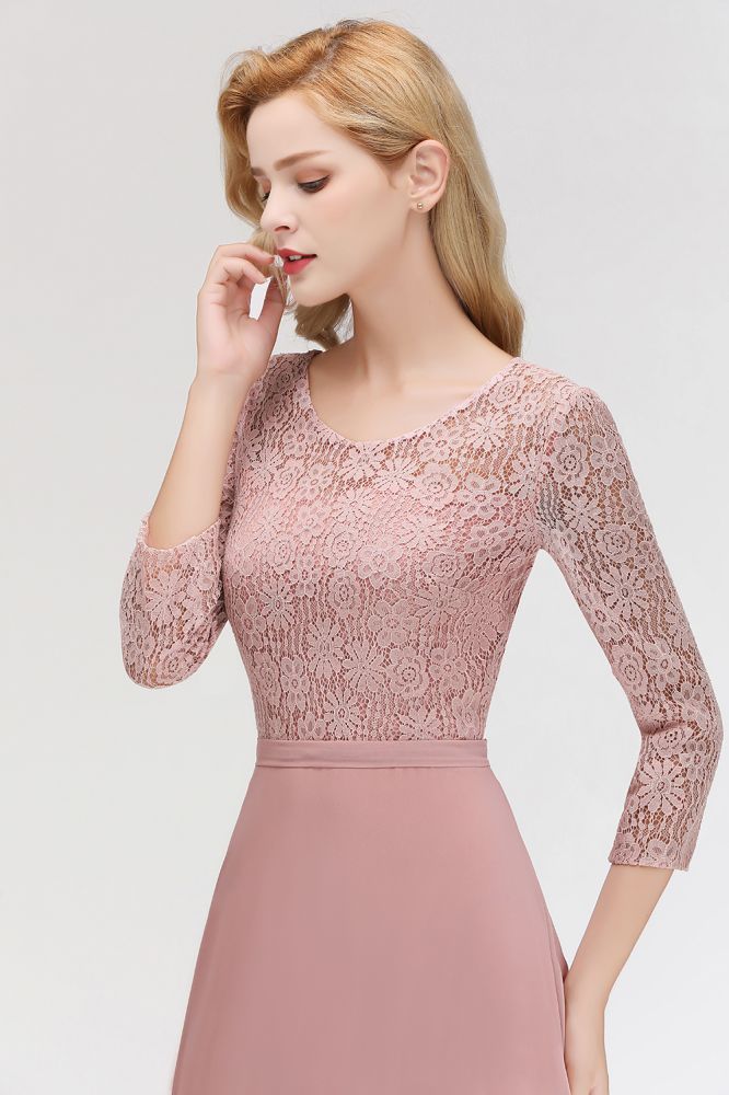 Looking for Bridesmaid Dresses in 100D Chiffon, A-line style, and Gorgeous Lace work  MISSHOW has all covered on this elegant A-line Floor Length Lace Chiffon Bridesmaid Dresses with Sleeves