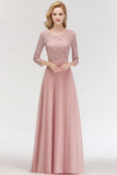 A-line Floor Length Lace Chiffon Bridesmaid Dresses with Sleeves