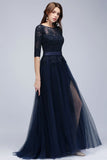 Looking for Prom Dresses,Evening Dresses in Tulle, A-line style, and Gorgeous Appliques,Ribbons,Split Front work  MISSHOW has all covered on this elegant NANA, A-line Half Sleeves Floor Length Slit Appliqued Tulle Prom Dresses with Sash
