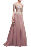 Looking for Prom Dresses,Evening Dresses in Tulle, A-line style, and Gorgeous Appliques,Ribbons,Split Front work  MISSHOW has all covered on this elegant NANA, A-line Half Sleeves Floor Length Slit Appliqued Tulle Prom Dresses with Sash