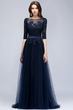 A-line Half Sleeves Floor Length Slit Appliqued Tulle Prom Dresses with Sash