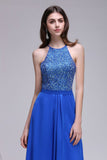 Abiti da ballo blu royal in chiffon con scollo all'americana con paillettes