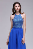 A-line Halter Neck Chiffon Royal Blue Prom Dresses with Sequins