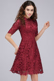 A-Line Halter Short Lace Burgundy Homecoming Dresses