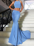 A-Line Halter Sleeveless With Ruffles Satin Two Piece Prom Dresses
