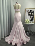 A-Line Halter Sleeveless With Ruffles Satin Two Piece Prom Dresses