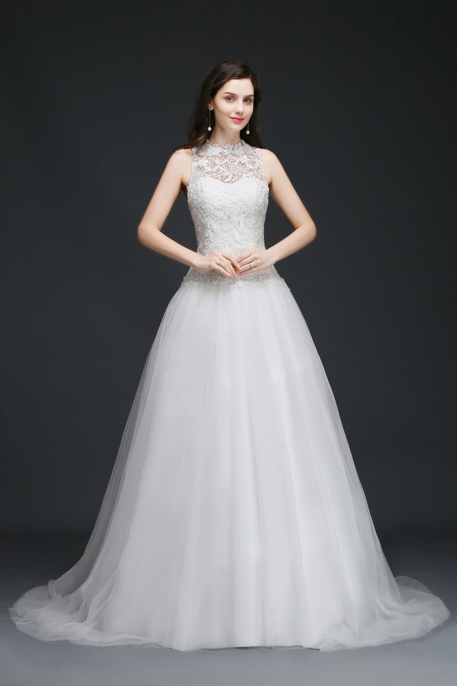 This elegant High Neck Tulle wedding dress with Lace could be custom made in plus size for curvy women. Plus size Sleeveless A-line bridal gowns are classic yet cheap.
