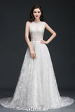 A-line Jewel Court Train Lace Simple Wedding Dresses with Buttons