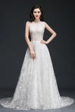 A-line Jewel Court Train Lace Simple Wedding Dresses with Buttons