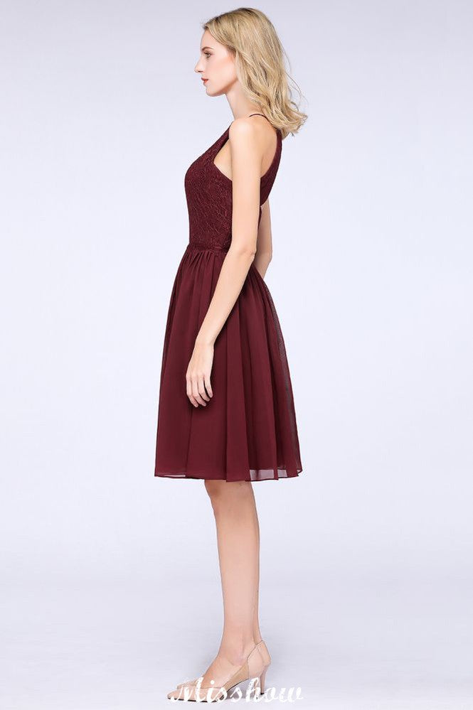 A-line Jewel Sleeveless Knee-Length Bridesmaid Dresses with Ruffle Chiffon Lace Party Dress | MISSHOW A-line Jewel Sleeveless Knee-Length Bridesmaid Dresses with Ruffle Chiffon Lace Party Dress | MISSHOW