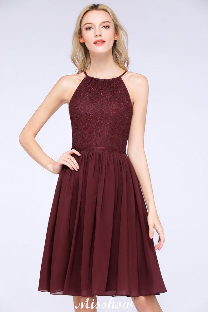 MISSHOW offers A-line Jewel Sleeveless Knee-Length Bridesmaid Dresses with Ruffle Chiffon Lace Party Dress at a good price from 100D Chiffon,Lace to A-line Knee-length them. Lightweight yet affordable home,beach,swimming useBridesmaid Dresses.