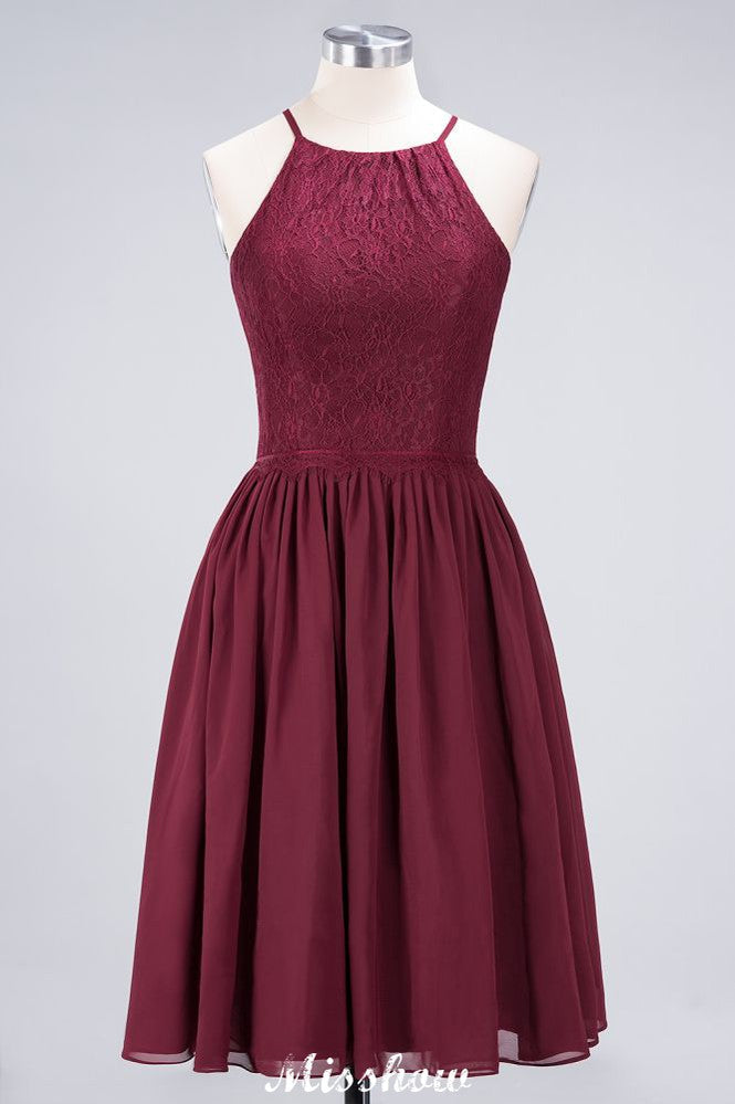 A-line Jewel Sleeveless Knee-Length Bridesmaid Dresses with Ruffle Chiffon Lace Party Dress | MISSHOW A-line Jewel Sleeveless Knee-Length Bridesmaid Dresses with Ruffle Chiffon Lace Party Dress | MISSHOW