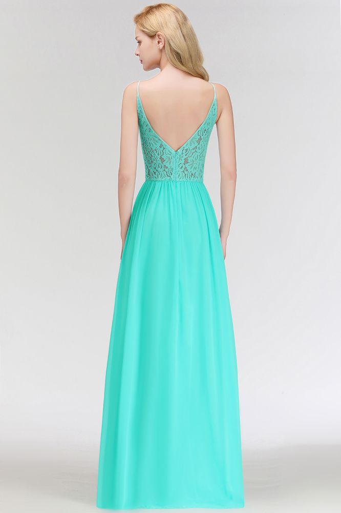 Looking for Bridesmaid Dresses in 100D Chiffon, A-line style, and Gorgeous Lace work  MISSHOW has all covered on this elegant A-line Keyhole Neckline Lace Top Long Spaghetti Bridesmaid Dress