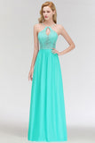 A-line Keyhole Neckline Lace Top Long Spaghetti Bridesmaid Dress