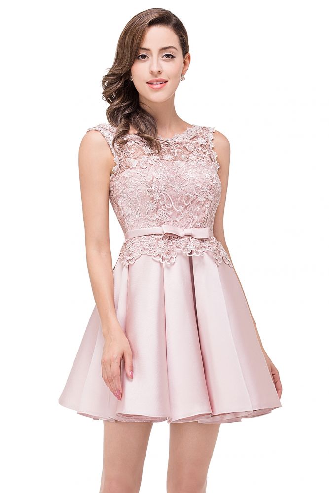 MISSHOW offers A-line Knee-length Satin Homecoming Dress with Lace at a cheap price from Ivory,Blushing Pink,Dusty Rose,Burgundy,Silver, Satin to A-line Knee-length hem. Stunning yet affordable Sleeveless Bridesmaid Dresses.