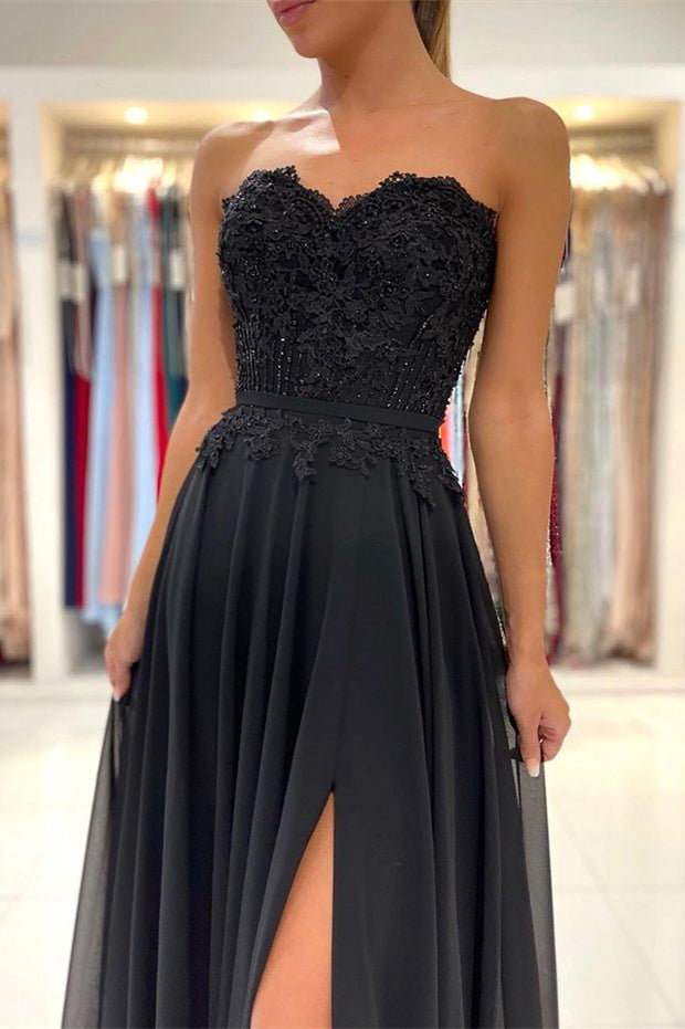 A-line Lace Long Front-Split Prom Evening Dresses Off-the-shoulder Evening Dress-misshow.com