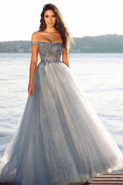 A-line Long Glitter Off-the-shoulder Gray Prom Dresses