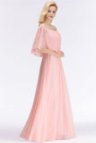Looking for Bridesmaid Dresses in 100D Chiffon, A-line style, and Gorgeous Ruffles work  MISSHOW has all covered on this elegant A-line Long Off-the-shoulder Pink Bridesmaid Dresses with Sleeves