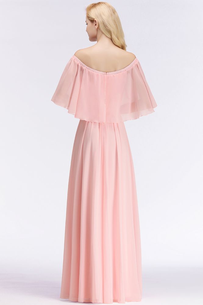 Looking for Bridesmaid Dresses in 100D Chiffon, A-line style, and Gorgeous Ruffles work  MISSHOW has all covered on this elegant A-line Long Off-the-shoulder Pink Bridesmaid Dresses with Sleeves