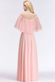 Looking for Bridesmaid Dresses in 100D Chiffon, A-line style, and Gorgeous Ruffles work  MISSHOW has all covered on this elegant A-line Long Off-the-shoulder Pink Bridesmaid Dresses with Sleeves