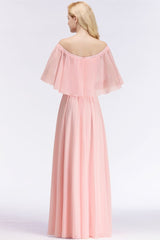 Looking for Bridesmaid Dresses in 100D Chiffon, A-line style, and Gorgeous Ruffles work  MISSHOW has all covered on this elegant A-line Long Off-the-shoulder Pink Bridesmaid Dresses with Sleeves