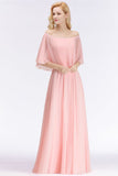 Looking for Bridesmaid Dresses in 100D Chiffon, A-line style, and Gorgeous Ruffles work  MISSHOW has all covered on this elegant A-line Long Off-the-shoulder Pink Bridesmaid Dresses with Sleeves