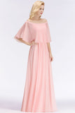 Looking for Bridesmaid Dresses in 100D Chiffon, A-line style, and Gorgeous Ruffles work  MISSHOW has all covered on this elegant A-line Long Off-the-shoulder Pink Bridesmaid Dresses with Sleeves