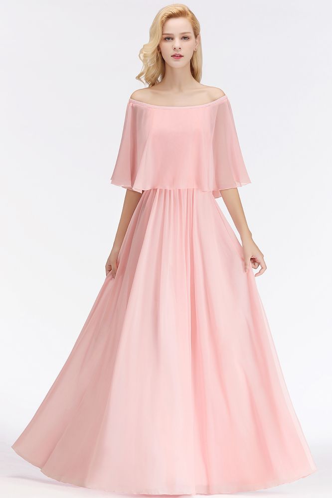Looking for Bridesmaid Dresses in 100D Chiffon, A-line style, and Gorgeous Ruffles work  MISSHOW has all covered on this elegant A-line Long Off-the-shoulder Pink Bridesmaid Dresses with Sleeves