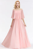 Looking for Bridesmaid Dresses in 100D Chiffon, A-line style, and Gorgeous Ruffles work  MISSHOW has all covered on this elegant A-line Long Off-the-shoulder Pink Bridesmaid Dresses with Sleeves