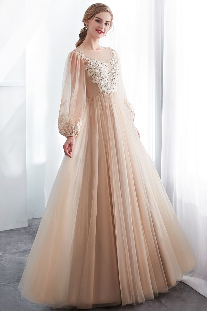 MISSHOW offers A-line Long Sleeves Appliques Tulle Champagne Evening Dress at a good price from White,Champagne,Tulle to A-line Floor-length them. Stunning yet affordable Long Sleeves Prom Dresses,Evening Dresses.