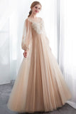 MISSHOW offers A-line Long Sleeves Appliques Tulle Champagne Evening Dress at a good price from White,Champagne,Tulle to A-line Floor-length them. Stunning yet affordable Long Sleeves Prom Dresses,Evening Dresses.