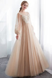 MISSHOW offers A-line Long Sleeves Appliques Tulle Champagne Evening Dress at a good price from White,Champagne,Tulle to A-line Floor-length them. Stunning yet affordable Long Sleeves Prom Dresses,Evening Dresses.