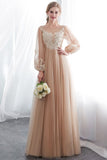 A-ligne Manches Longues Appliques Tulle Champagne Robe de Soirée