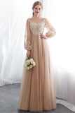 A-line Long Sleeves Appliques Tulle Champagne Evening Dress