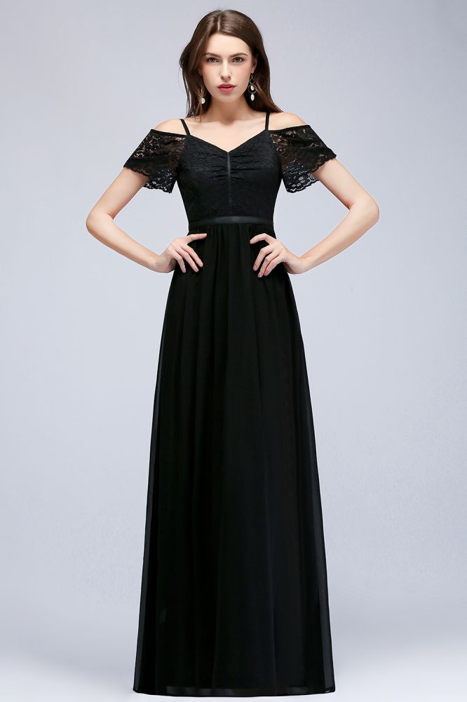 Looking for Bridesmaid Dresses in 100D Chiffon, A-line style, and Gorgeous Lace work  MISSHOW has all covered on this elegant A-line Long Spaghetti V-neck Black Lace Chiffon Bridesmaid Dress