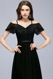 Looking for Bridesmaid Dresses in 100D Chiffon, A-line style, and Gorgeous Lace work  MISSHOW has all covered on this elegant A-line Long Spaghetti V-neck Black Lace Chiffon Bridesmaid Dress