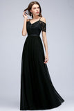 A-line Long Spaghetti V-neck Black Lace Chiffon Bridesmaid Dress