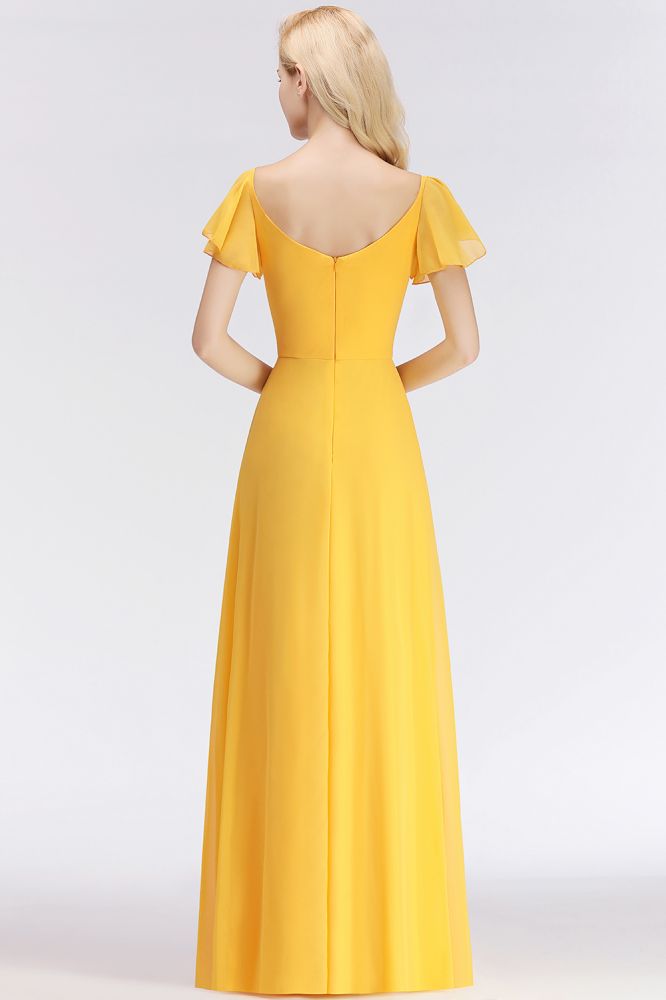 A-line Long V-neck Short Sleeves Yellow Chiffon Bridesmaid Dresses | MISSHOW misshow.com A-line Long V-neck Short Sleeves Yellow Chiffon Bridesmaid Dresses | MISSHOW misshow.com