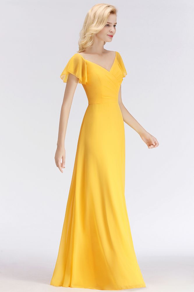A-line Long V-neck Short Sleeves Yellow Chiffon Bridesmaid Dresses | MISSHOW misshow.com A-line Long V-neck Short Sleeves Yellow Chiffon Bridesmaid Dresses | MISSHOW misshow.com
