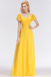 Looking for Bridesmaid Dresses in 100D Chiffon, A-line style, and Gorgeous Ruffles work  MISSHOW has all covered on this elegant A-line Long V-neck Short Sleeves Yellow Chiffon Bridesmaid Dresses