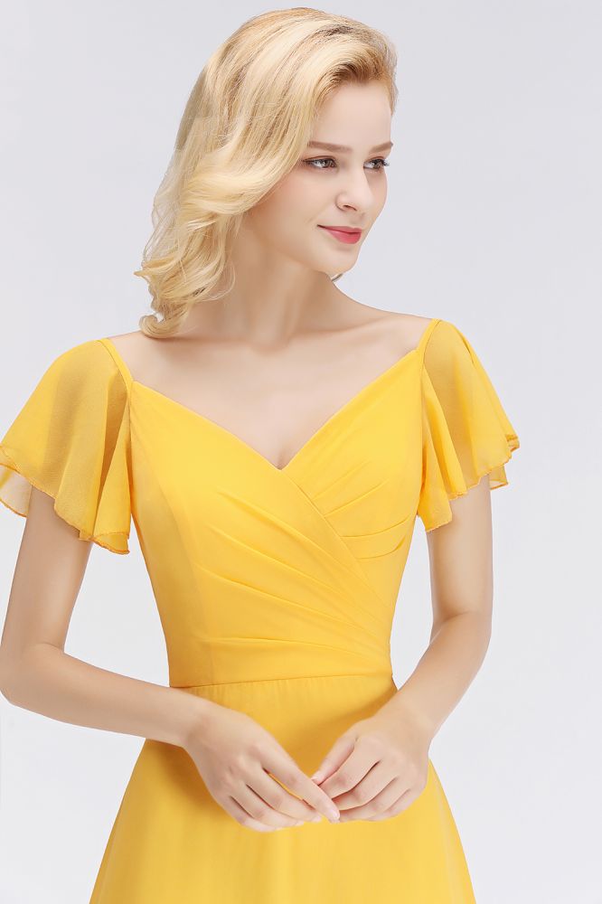 A-line Long V-neck Short Sleeves Yellow Chiffon Bridesmaid Dresses | MISSHOW misshow.com A-line Long V-neck Short Sleeves Yellow Chiffon Bridesmaid Dresses | MISSHOW misshow.com