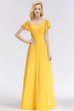 A-line Long V-neck Short Sleeves Yellow Chiffon Bridesmaid Dresses