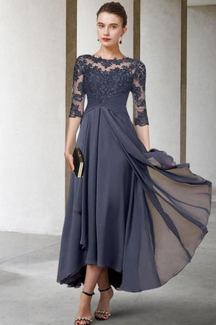 A-Line Mother of the Bride Dress Plus Size Ankle Length Chiffon Lace Half Sleeve-misshow.com